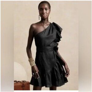 Banana Republic Womens Black Linen Ruffle One Shoulder Dress |18|